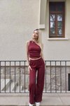 Bordo Tek Omuz Gofre Kumaş Alt Üst İkili Takım