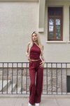 Bordo Tek Omuz Gofre Kumaş Alt Üst İkili Takım