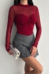 Bordo Tül Detay Büzgülü Crop Bluz
