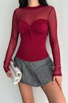 Bordo Tül Detay Büzgülü Crop Bluz