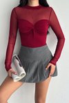 Bordo Tül Detay Büzgülü Crop Bluz