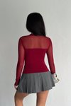 Bordo Tül Detay Büzgülü Crop Bluz