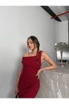 Bordo Uzun Bubble Örme Kumaş Tek Omuz Düşük Elbise