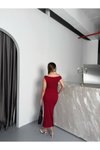 Bordo Uzun Bubble Örme Kumaş Tek Omuz Düşük Elbise