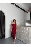 Bordo Uzun Bubble Örme Kumaş Tek Omuz Düşük Elbise
