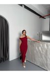 Bordo Uzun Bubble Örme Kumaş Tek Omuz Düşük Elbise