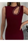 Bordo Uzun Damla Dekolteli Slim Fit Taşlı Elbise
