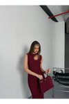Bordo Uzun Damla Dekolteli Slim Fit Taşlı Elbise