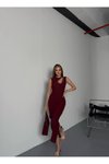 Bordo Uzun Damla Dekolteli Slim Fit Taşlı Elbise