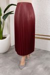 Bordo Uzun Deri Görünümlü Beli Lastikli Piliseli Etek