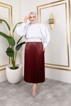 Bordo Uzun Deri Görünümlü Beli Lastikli Piliseli Etek