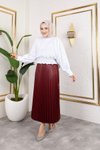 Bordo Uzun Deri Görünümlü Beli Lastikli Piliseli Etek