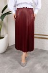 Bordo Uzun Deri Görünümlü Beli Lastikli Piliseli Etek