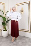 Bordo Uzun Deri Görünümlü Beli Lastikli Piliseli Etek