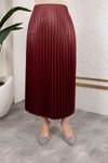 Bordo Uzun Deri Görünümlü Beli Lastikli Piliseli Etek