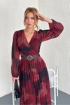 Bordo Uzun Desenli Piliseli Şifon Kloş Elbise