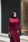 Bordo Uzun Dik Yaka Basic Elbise