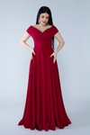 Bordo Uzun Kayık Kruvaze Yaka Düşük Omuz Dokuma Dökümlü Kumaş Abiye Elbise