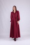 Bordo Uzun Kruvaze Yaka Kol Elbise
