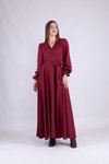 Bordo Uzun Kruvaze Yaka Kol Elbise