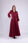 Bordo Uzun Kruvaze Yaka Kol Elbise
