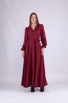 Bordo Uzun Kruvaze Yaka Kol Elbise