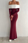 Bordo Uzun Madonna Yaka Balık Abiye Elbise