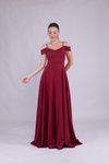 Bordo Uzun Omuz Detay Askılı Abiye Elbise