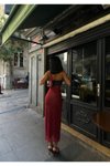 Bordo Uzun Straplez Vücuda Oturan Astarlı Tül Elbise