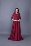 Bordo Uzun V Yaka Tesettür Abiye Elbise