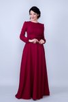 Bordo Uzun Yuvarlak Yaka Kol Dokuma Kumaş Beli Büzgülü Kuşaklı Cepli Maksi &amp; Tesettür Abiye Elbise