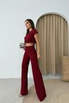Bordo Yanları Büzgü Detay Bluz Ve Pantolon Gofre İkili Takım