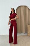 Bordo Yanları Büzgü Detay Bluz Ve Pantolon Gofre İkili Takım