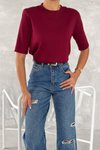 Bordo Yarım Kol Bisiklet Yaka Premium Basic T-Shirt