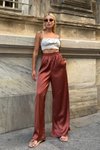 Bronz Solve Geniş Kesim Saten Pantolon