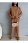 Camel Kapüşonlu Çizgi Detaylı Triko Alt-üst İkili Takım