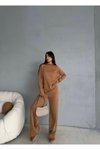 Camel Kapüşonlu Çizgi Detaylı Triko Alt-üst İkili Takım