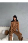 Camel Kapüşonlu Çizgi Detaylı Triko Alt-üst İkili Takım
