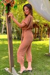 Camel Kruvaze Yaka Bağlama Detaylı Ayrobin Tulum