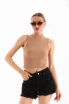 Camel Likralı Crop Bluz