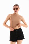 Camel Likralı Crop Bluz