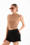 Camel Likralı Crop Bluz