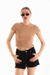 Camel Likralı Kısa Kol Crop Bluz