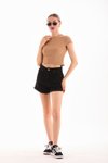 Camel Likralı Kısa Kol Crop Bluz