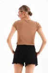 Camel Likralı Kısa Kol Crop Bluz