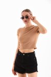 Camel Likralı Kısa Kol Crop Bluz