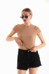 Camel Likralı Kısa Kol Crop Bluz