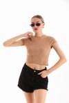 Camel Likralı Kısa Kol Crop Bluz