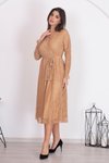 Camel Midi Kuşaklı Kruvaze Yaka Astarlı Dantel Elbise