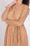 Camel Midi Kuşaklı Kruvaze Yaka Astarlı Dantel Elbise